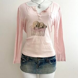 pink puppy graphic henley long sleeve y2k soft girl top
